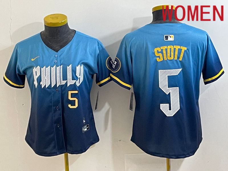 Women Philadelphia Phillies #5 Stott Blue City Edition Nike 2024 MLB Jersey style 2